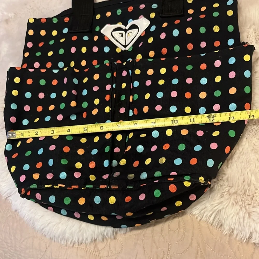 Roxy Black Multi Color Polka Dot Canvas Grocery Tote Book Laptop Beach Pool Bag